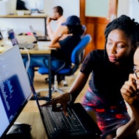 People working with data on laptop screens.
